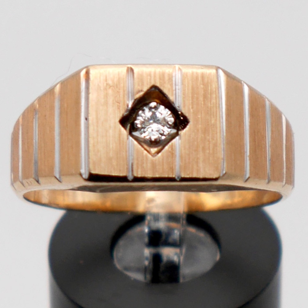 14k Men’s Ring Diamond Solitaire Striped SOLID Yellow Gold YG karat vintage